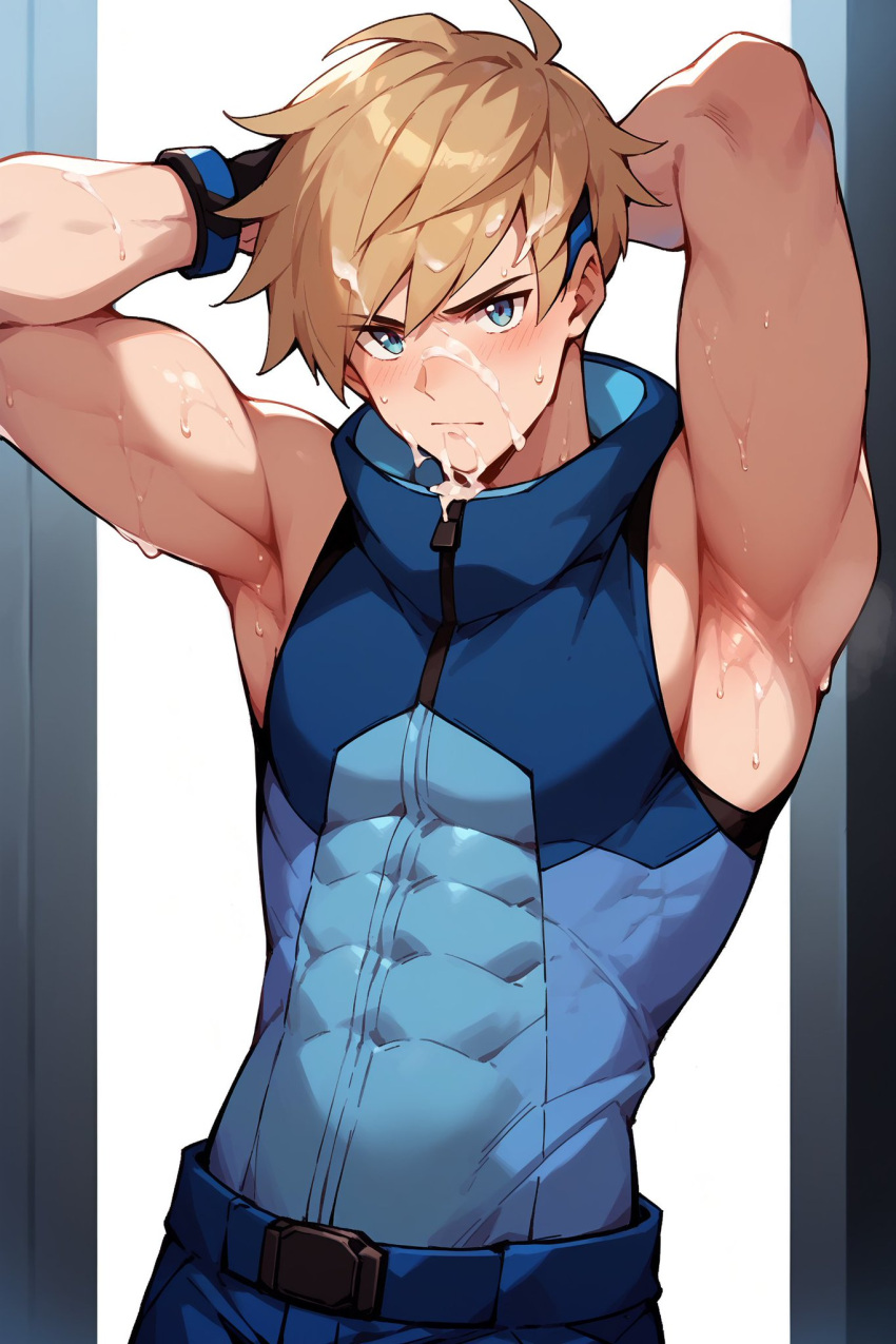 abs ace_trainer_(pokemon_sm) ai_generated clothed_male cum cum_on_body cum_on_face motoki_ro muscles muscular_male