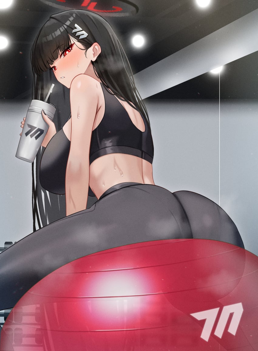 1girls absurdres alternate_costume ass ball bangs bare_shoulders big_breasts black black_and_red_halo black_sports_bra black_yoga_pants blue_archive blunt_bangs blush blush_lines blushing blushing_profusely breasts bright_pupils ceiling ceiling_light drink drinking eyebrows_visible_through_hair gym gym_uniform hair hair_ornament hairpin halo highres hime_cut holding holding_drink huge_breasts indoors large_breasts light-skinned_female light_skin long_hair looking_at_viewer looking_back mechanical_halo mijikayo millennium_science_school_logo_(blue_archive) millennium_science_school_student mirror panties_visible_through_clothing pants pantylines red_eyes rio_(blue_archive) see-through seminar_(blue_archive) seminar_president sitting sitting_on_ball sitting_on_object solo sports_bra sportswear student_council_president sweat yoga_pants