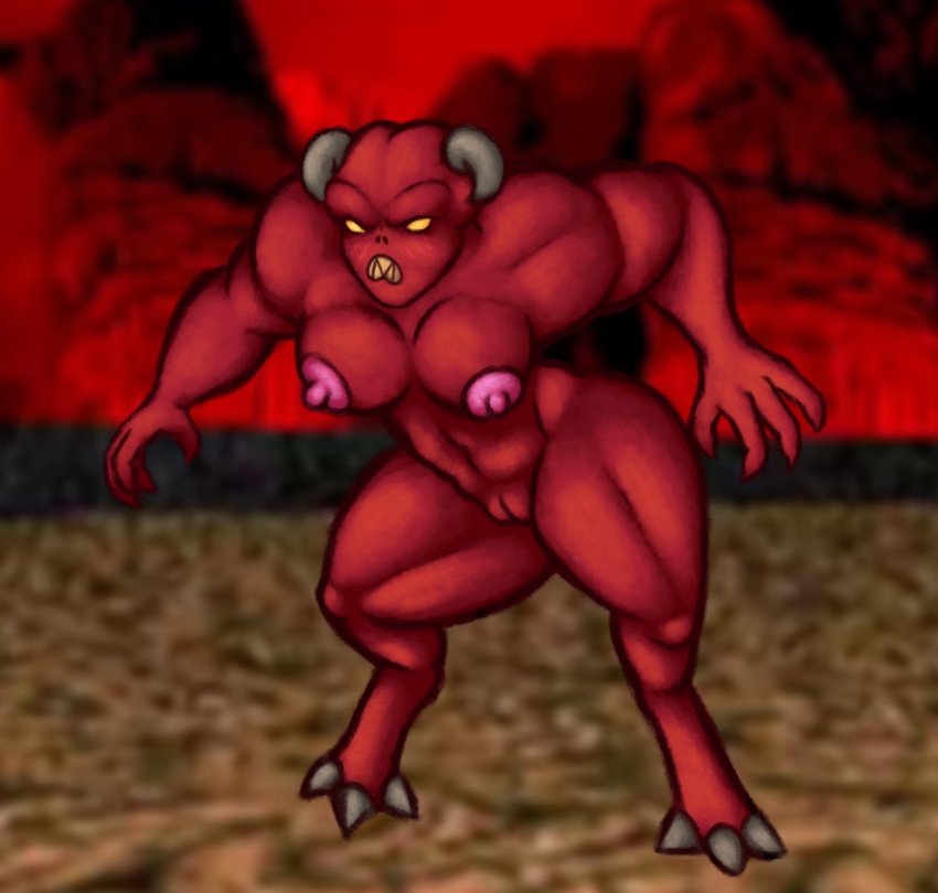 3_toes 4_fingers breasts demon doom_(series) feet female fingers genitals hi_res horn id_software jovi_cap microsoft nipples pink_nipples pinky_(doom) pussy red_body solo toes yellow_eyes