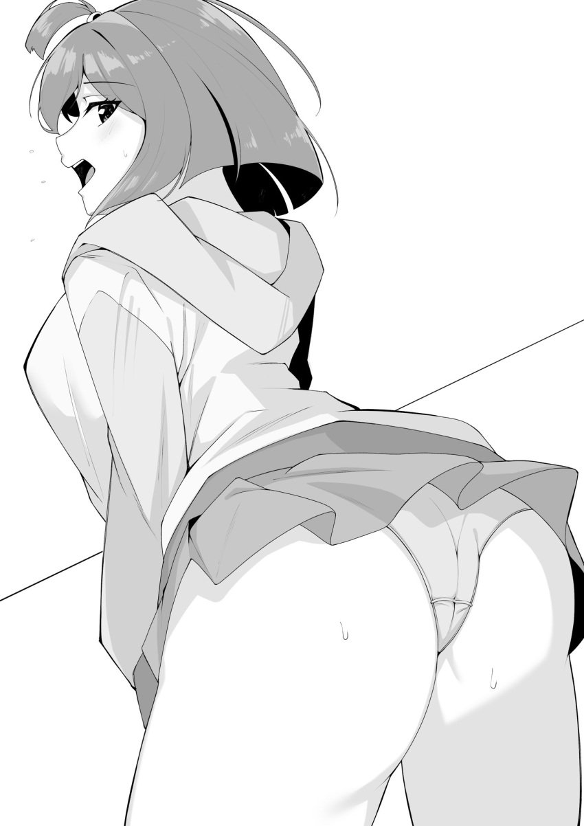 ass ass_focus blush duel_masters embarrassed from_behind greyscale large_ass looking_back miniskirt monochrome niika_(duel_masters) panties sweat thick_thighs upskirt wide_hips