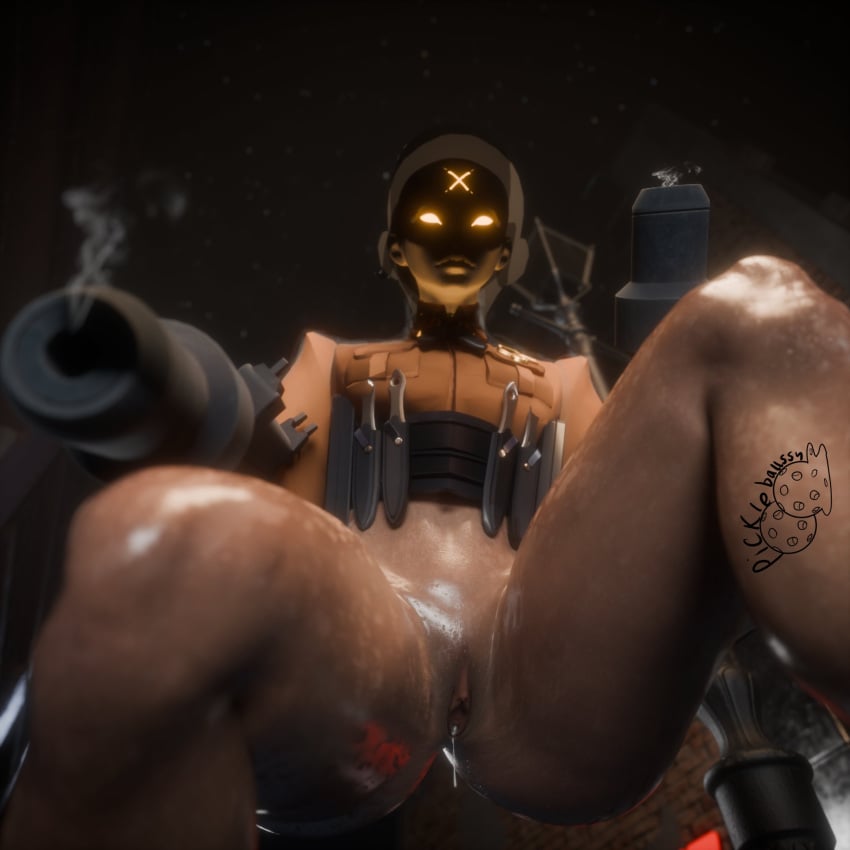 1girls 2024 after_sex breasts cum cum_in_pussy cum_inside dark-skinned_female dark_skin deadlock female female_focus from_below gun haze_(deadlock) hi_res knife orange_clothing orange_eyes pickleballssy pussy thick_thighs thighs valve weapon