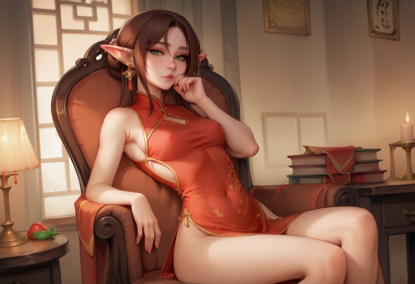 1girls absurd_res ai_generated anaslex brown_hair bun cheongsam china_dress chinese_clothes dress elf elf_ears elf_female green_eyes hi_res highleg looking_at_viewer nipples nipples_visible_through_clothing pale-skinned_female pale_skin petite petite_body pose posing red_dress seductive sitting skinny small_breasts solo thighs tied_hair tight_clothing