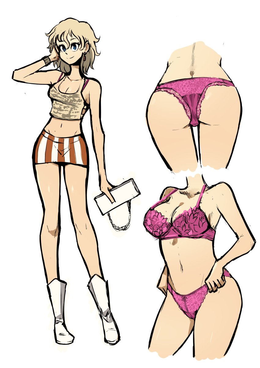 1girls ass bella_(biku) biku blonde_hair blue_eyes boots bow bow_panties bra bra_strap breasts character_sheet cleavage earrings looking_at_viewer matching_underwear navel original original_character panties pink_bra pink_panties purse short_hair simple_background skirt solo solo_female solo_focus striped_skirt underwear white_background white_boots white_purse