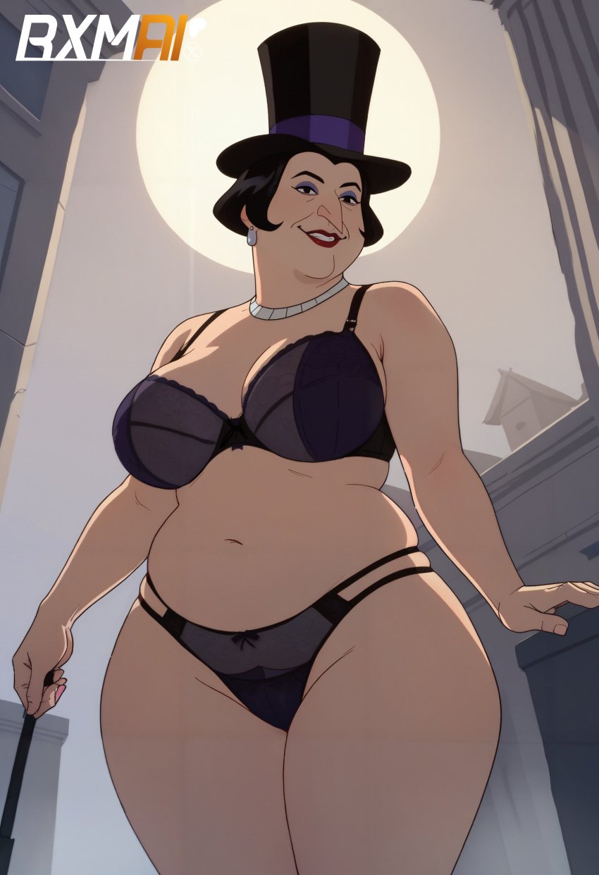 1girls 2020s 2024 2d 2d_(artwork) ai_generated batman:_caped_crusader batman_(series) bbw big_breasts black_hair bob_cut canon_genderswap chubby chubby_female cleavage dc dc_comics earrings female female_only huge_breasts large_breasts mature mature_female milf oswalda_cobblepot purple_eyeshadow purple_makeup red_lipstick rxmai short_hair softcore solo solo_female the_penguin top_hat tophat