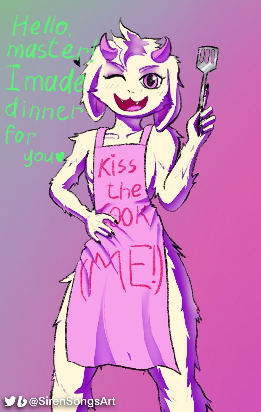 1boy 2d anthro anthro_male anthro_only apron artist_name black_nails caprine deltarune femboy femboy_only furry furry_male furry_only horns humanoid humanoid_male humanoid_only male male_only mammal mammal_humanoid naked_apron pink_background pink_clothing pink_eyes ralsei simple_background sirensongsart small_fangs small_horns solo text undertale undertale_(series)