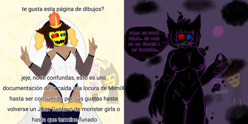 absurd_res ambiguous_gender breasts bunny_costume clothing costume darkness duo female genitals hi_res humanoid intersex intersex/female mask meme mimix_(character) mimixenmascarado monster nipples pussy spanish_text text