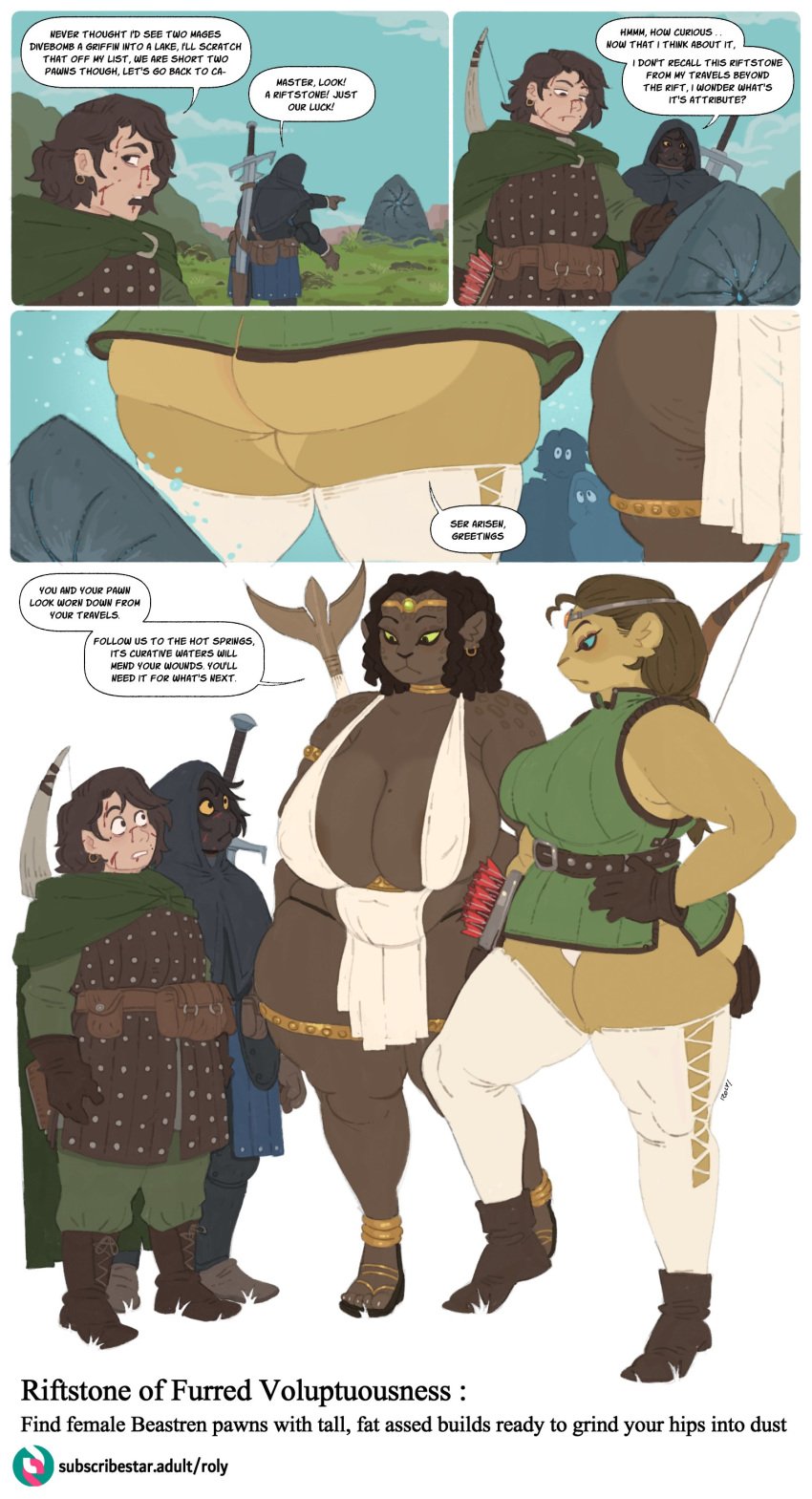 2boys 2girls anthro ass big_ass big_breasts comic dialogue dragon's_dogma english_text fantasy felid feline female height_difference hi_res huge_breasts male roly roly_(roly) smaller_male speech_bubble tagme taller_girl thick_ass thick_thighs very_high_resolution