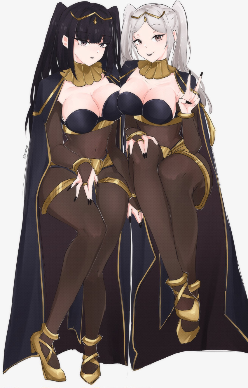 2girls alternate_costume anklet black_hair bracelet breasts cape cleavage cosplay female female_only fire_emblem fire_emblem_awakening floating grey_eyes grey_hair highres jewelry knee_up knees_up large_breasts leg_up legs_up lips lipstick long_hair looking_at_viewer makeup multiple_girls nail_polish nintendo robin_(female)_(fire_emblem) robin_(fire_emblem) robin_(fire_emblem)_(female) serafineart1001 side-by-side sitting smile tharja_(fire_emblem) tharja_(fire_emblem)_(cosplay) twintails v white_hair yellow_eyes