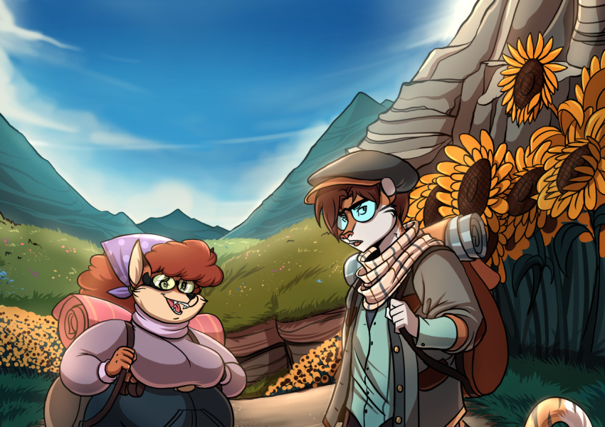 chubby_female feline fox_girl mountains sunflowers