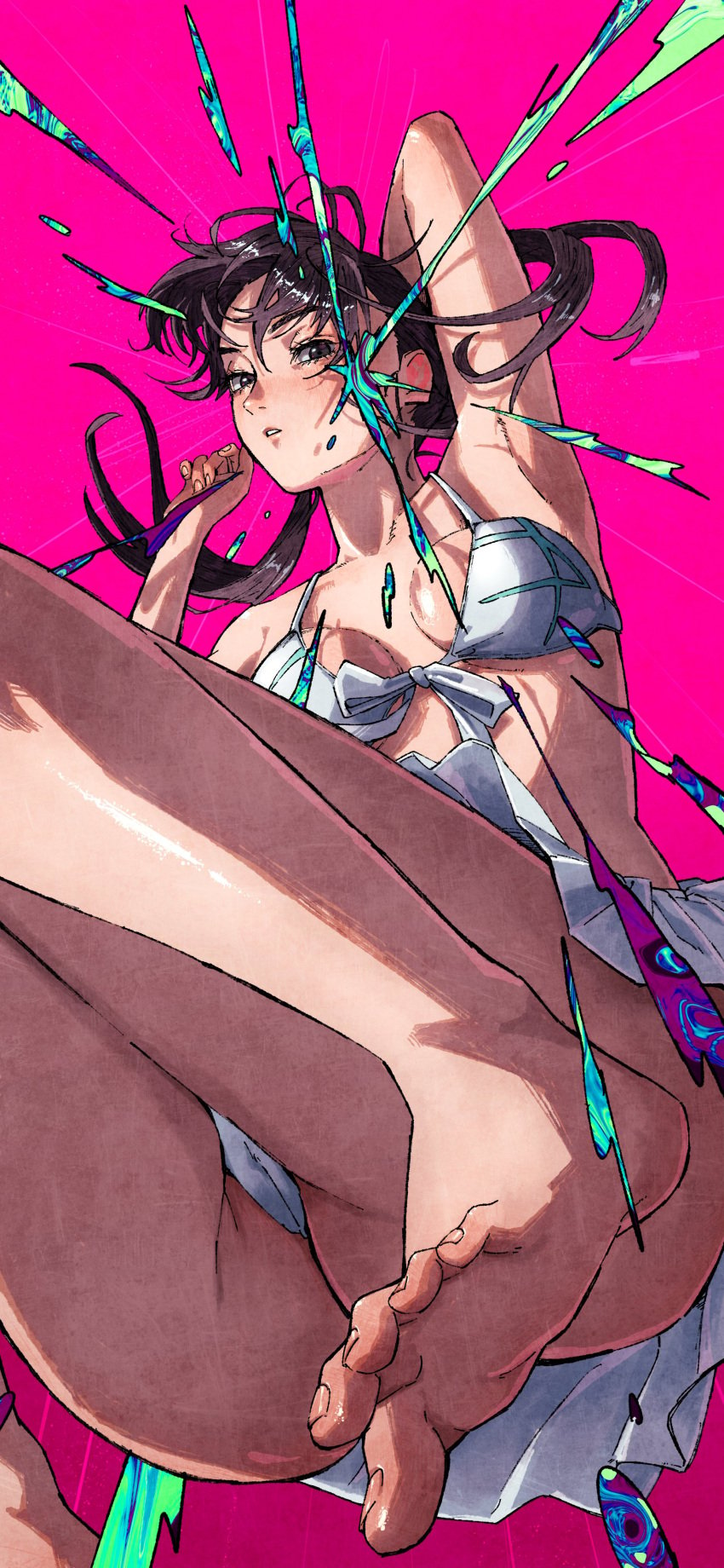 1girls armpits arms_up ass ass_visible_through_thighs bare_arms bare_legs bare_midriff bare_shoulders bare_thighs bikini bikini_bottom bikini_top black_hair blush breasts cameltoe chainsaw_man erupusai2 feet female female_only from_below hi_res highres legs light-skinned_female light_skin long_hair looking_at_viewer low-angle_view mitaka_asa pink_background skirt soles solo solo_female thighs toes upskirt white_bikini