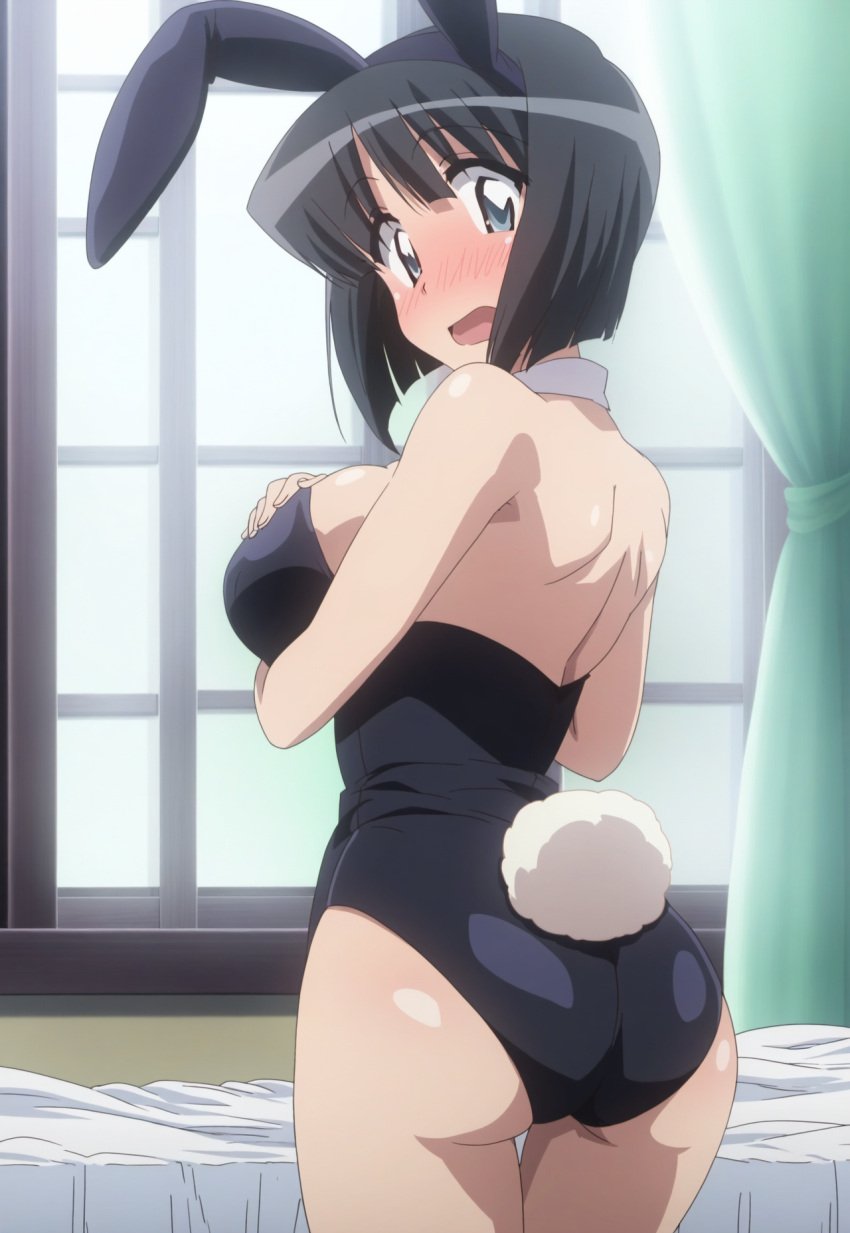 animal_ears animal_tail ass bare_legs bare_shoulders bed black_hair blue_eyes blush breasts bunny_ears bunny_tail bunnysuit clothing detached_collar embarrassed fake_animal_ears female female from_behind indoors large_ass large_breasts leotard looking_at_viewer looking_back maid open_mouth playboy_bunny round_ass sephiaton955 shiny shiny_skin short_hair shy siesta solo tail teenage teenage_girl teenager thighs wavy_mouth window zero_no_tsukaima