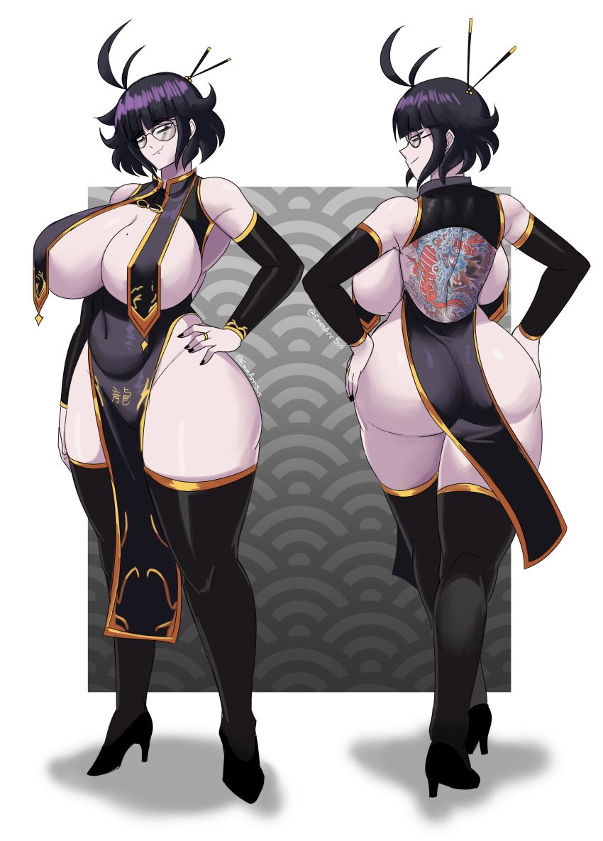 2girls asian_clothing ass back_tattoo black_dress black_glasses black_hair black_nails boots breasts cleavage clothing dragon_tattoo emmarrgus empress fat_ass gold_trim hand_on_hip hands_on_hips huge_breasts keiko_(emmarrgus) looking_at_viewer no_bra no_panties original original_art original_artwork original_character original_characters paag pale-skinned_female pale_skin ring ryuu_ga_gotoku shoulders tagme tattoo tattoo_on_back tattoos thick_thighs thigh_boots thighhighs voluptuous voluptuous_female yakuza_(series)