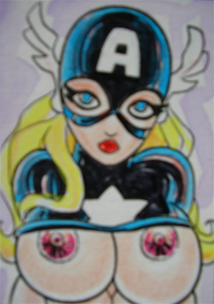 1girls a-next american_dream big_breasts blonde_hair blue_eyes breasts captain_america_(series) female female_only large_breasts long_hair marvel marvel_comics mc2 nipples nude nudity shannon_carter siriguana solo superheroine