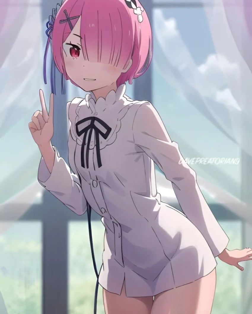 ai_generated bottomless eye_covered grin grinning peace_sign pink_eyes pink_hair ram_(re:zero) re:zero_kara_hajimeru_isekai_seikatsu ribbon smug_grin white_shirt