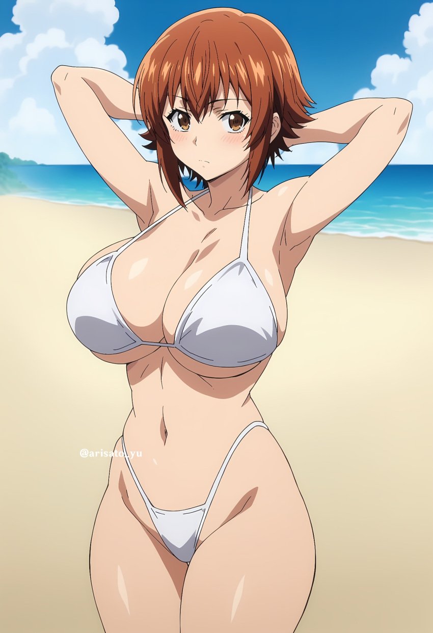 1girls ai_generated arisato_yu beach big_breasts bikini brown_hair female female_only grand_blue kotegawa_chisa white_bikini