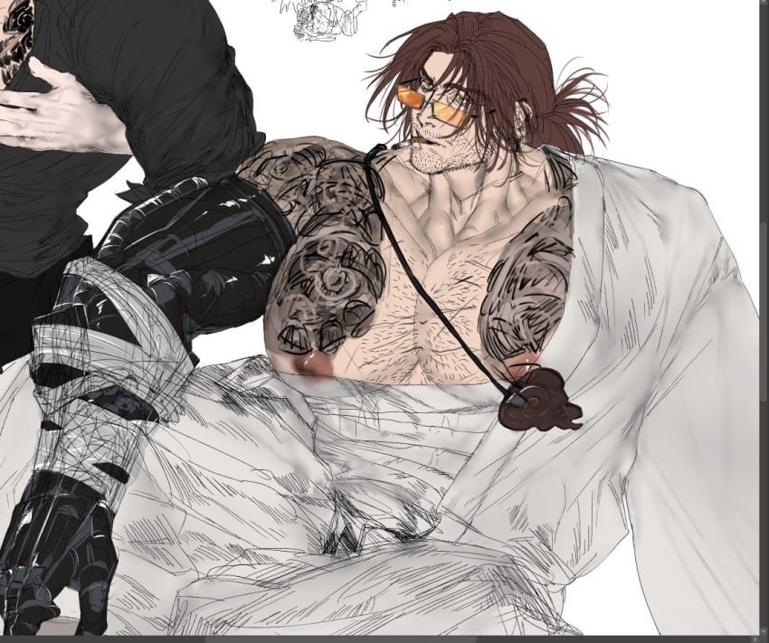 bara bara_tits cute_male glasses gregor_(limbus_company) limbus_company messy_hair partially_clothed project_moon prosthetic prosthetic_arm prosthetic_limb smoking tattoo tattoos wrapped wrapped_up