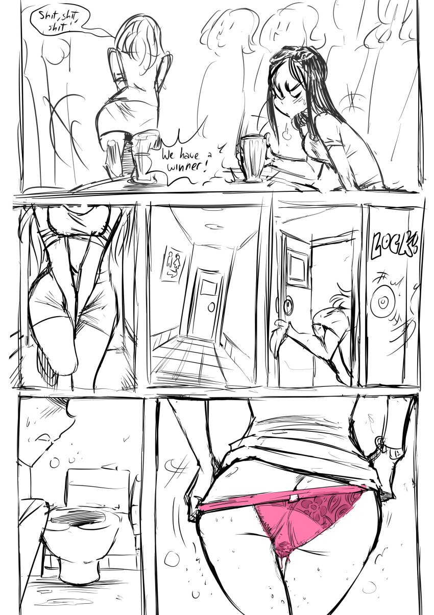 2girls 6koma ass ass_crack barbara_(biku) biku black_hair bracelet desperation dress dress_lift earrings elena_(biku) english_text hands_between_legs have_to_pee high_heels holding_crotch long_hair original panties panty_pull pink_panties restroom running stained_panties sweat toilet underwear wet wet_panties