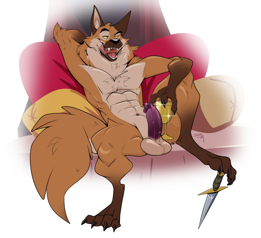 abs anthro balls biped canid canine claws digital_drawing_(artwork) digital_media_(artwork) dragondrawer erection fangs genitals hi_res knife licking licking_lips male mammal navel simple_background sitting teeth toe_claws tongue white_background