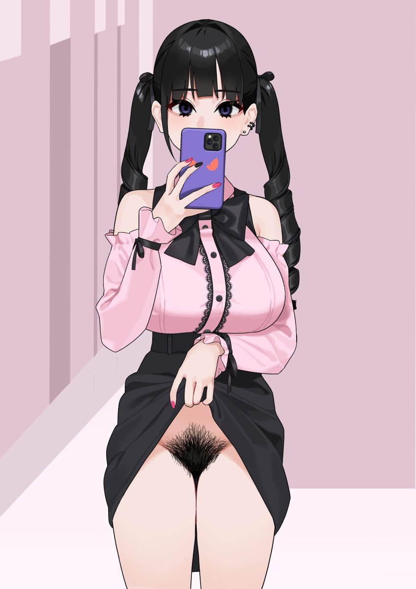 absurdres bare_shoulders black_eyes black_hair black_nails black_ribbon black_skirt breasts cellphone commentary_request covered_mouth drill_hair earrings excessive_pubic_hair female female_pubic_hair fffukuzawa highres holding holding_phone huge_breasts jewelry jirai_kei looking_at_viewer mirror_selfie multiple_earrings nail_polish no_panties original phone pink_nails pink_shirt pubic_hair ribbon selfie shirt simple_background skirt smartphone standing twin_drills twintails white_skirt