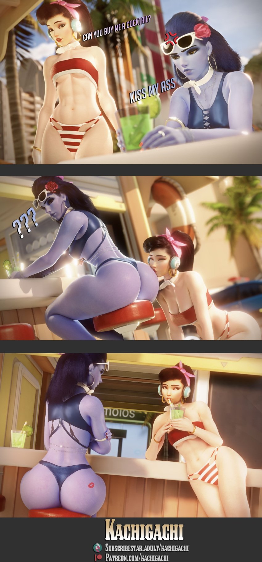 2girls 3d abs age_difference asian_female ass ass_focus ass_kiss ass_worship bar_stool beach_bar bikini blizzard_entertainment bra cote_d'azur_widowmaker cruiser_d.va d.va dialogue drinking_straw elbow_support european_female hairband interracial interracial_yuri kachigachi kiss_mark kissing kissing_ass korean_female leaning_on_elbow leaning_on_object light-skinned_female looking_to_the_side older_female_younger_female overwatch panties prostitution sipping sitting straw tagme toned toned_female underboob widowmaker younger_female_older_female yuri