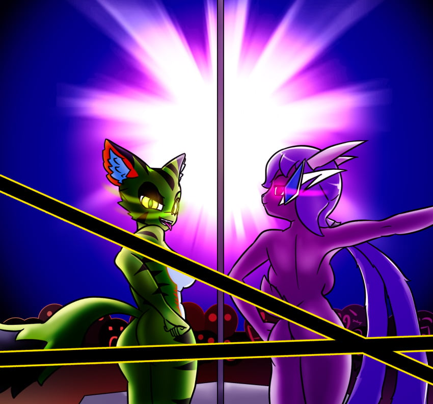 anthro aquatic_dragon cabaret carol_tea dragon feline female female_protagonist freedom_planet freedom_planet_2 looking_at_viewer looking_back looking_back_at_viewer nude nude_female party pole sash_lilac silver-wing-mk2 stripper stripper_pole video_games water_dragon wildcat