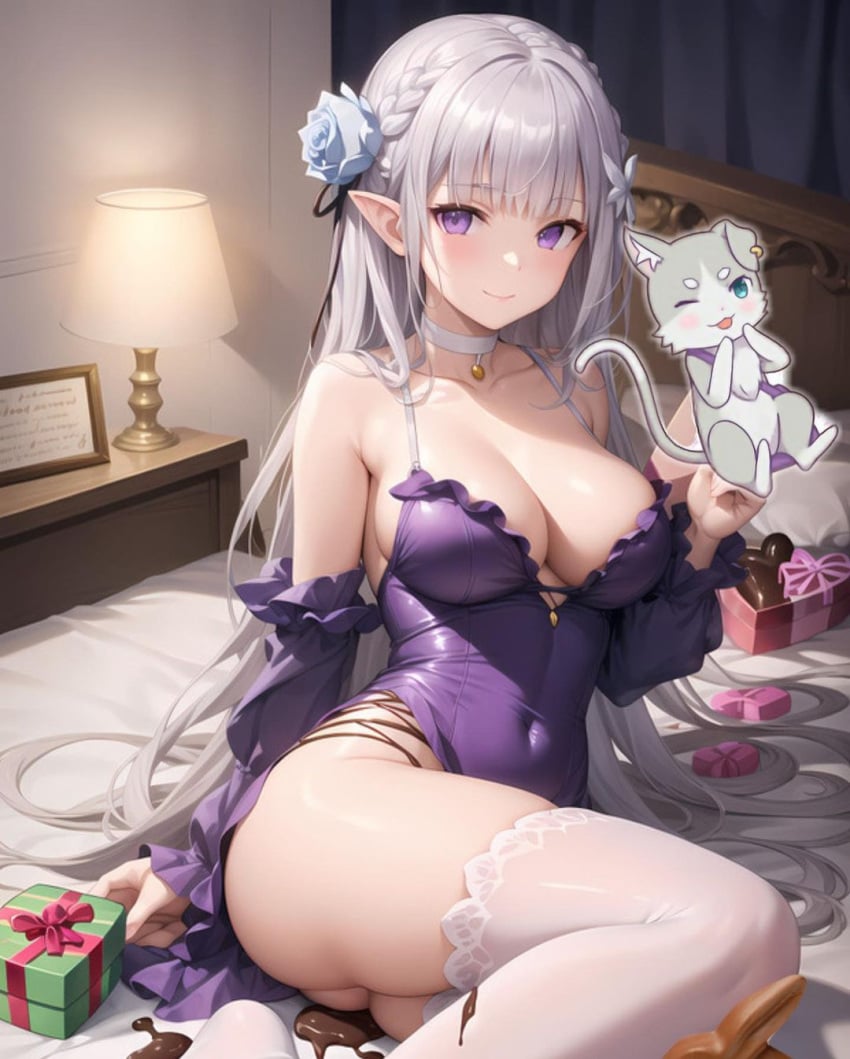 ai_generated ass chocolate emilia_(re:zero) puck_(re:zero) purple_eyes re:zero_kara_hajimeru_isekai_seikatsu silver_hair white_hair