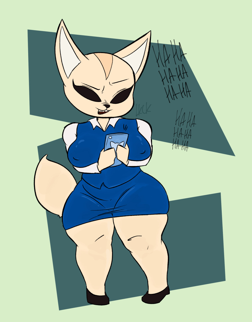 1girls aggressive_retsuko aggretsuko anthro big_breasts curvy female fenneko furry large_breasts large_thighs laugh laughing leekcheek looking_down office_lady ol phone sanrio self_upload solo thick thick_thighs