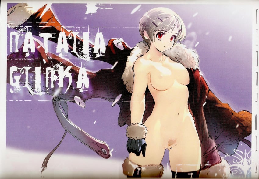 1girls breasts gloves grey_hair hair hair_ornament hairclip highres large_breasts naked_thighhighs natalia_glinka navel nipples nude official_art pubic_hair red_eyes scan short_hair simple_background snow solo sugeno_tomoaki thighhighs vanguard_princess