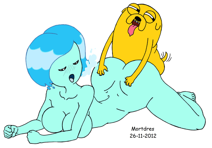 2012 adventure_time anthro artist_name ass ass_grab barefoot black_nose blue_skin blush breasts canine cleavage clenched_fist closed_eyes dated dimples_of_venus dog drooling duo elemental feet female from_behind furry huge_ass humanoid interspecies jake_the_dog large_breasts larger_female lying male mammal mortdres nude on_stomach open_mouth short_hair size_difference smaller_male straight tail tailwag toes tongue tongue_out transparent_background water water_hair water_nymph yellow_fur