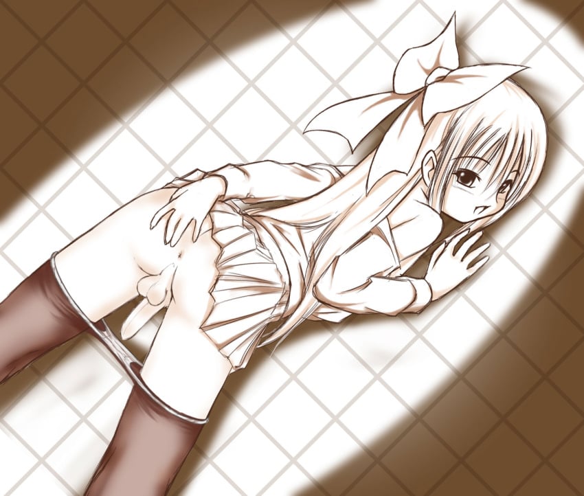 1futa against_wall anus ass balls bathroom bent_over blush bow futanari hair_ornament hairbow indoors light long_hair looking_at_viewer looking_back male monochrome panties panties_down panty_pull pantyhose penis shadow skirt skirt_lift solo sweat testicles tile tile_background tile_wall tiles underwear uniform