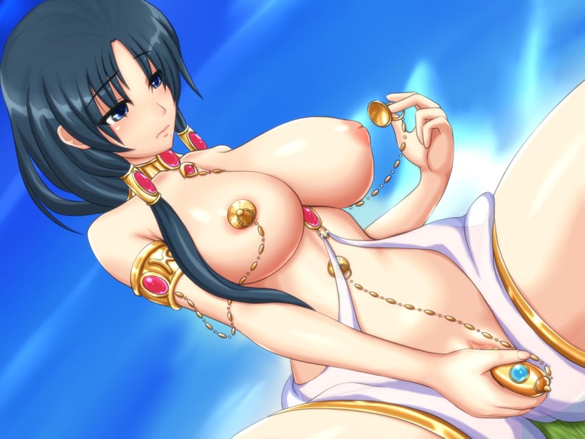 1girls armlet black_hair blue_eyes blush breasts choker clitoris cosplay dildo female female_only genie hair_tubes hakuei_ren hiro_(hankakudouga) inverted_nipples large_breasts long_hair magi:_the_labyrinth_of_magic mole nipples paimon paimon_(cosplay) pasties pussy ren_hakuei sitting sky solo uncensored vaginal_penetration