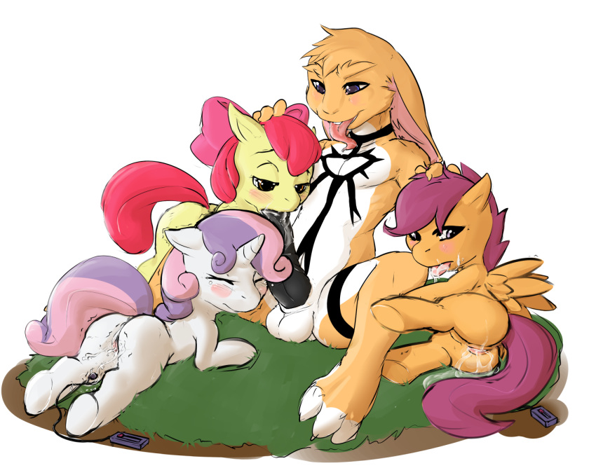 1boy 3girls apple_bloom_(mlp) cub cutie_mark_crusaders earth_pony equine female friendship_is_magic harem horse leosaeta male my_little_pony pegasus pimp pony rabbit scootaloo_(mlp) smooth_skin sweetie_belle_(mlp) unicorn young