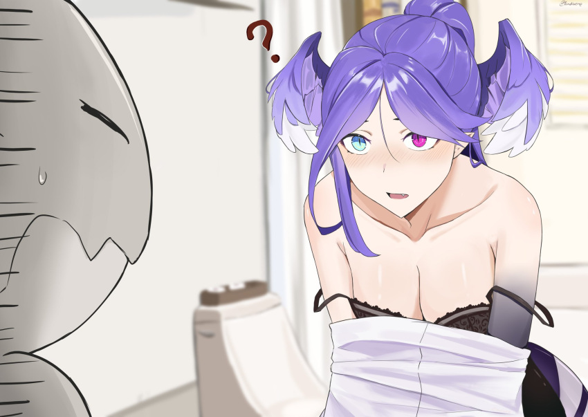 accidental_exposure bare_shoulders black_bra blue_eyes blush bra cleavage dragoon_(selen_tatsuki) exposed_shoulders fan_mascot_(vtuber) fan_mascot_focus_(vtuber) hair_wings head_wings heterochromia hi_res highres lendivere light_blue_eyes light_blush mascot nijisanji nijisanji_en pink_eyes pointy_ears ponytail purple_hair question_mark removing_clothing removing_shirt selen_tatsuki shoulders straight taking_clothes_off taking_shirt_off underwear virtual_youtuber