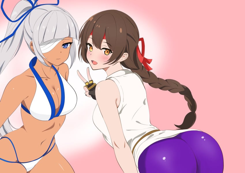 2girls belt bent_over big_ass big_butt bikini blue_eyes brown_eyes brown_hair gloves karate_gi king_of_fighters majikina_mina one_eye_closed one_eye_covered ponytail purple_pants samurai_shodown tongue_out white_hair yoga_pants yuri_sakazaki