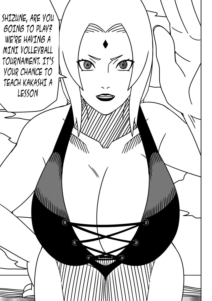 1girls beach breast_focus cleavage comic dialogue english_text female female_focus female_only front_view hourglass_figure mature mature_female milf monochrome naruto naruto:_the_last naruto_(series) naruto_shippuden ninrubio one-piece_swimsuit pov revealing_swimsuit seaside solo solo_focus story swimsuit text tsunade upper_body voluptuous voluptuous_female