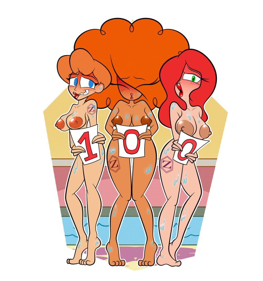 3girls absolutely_nothing_on afro awkward awkward_smile barefoot big_breasts blush blushing blushing_profusely breasts cartoon_network closed_eyes completely_naked completely_nude completely_nude_female covering covering_crotch covering_pussy covering_self disney embarrassed embarrassed_nude_female enf hair_over_one_eye holding_sign huge_nipples jessica_rabbit knees_together_feet_apart looking_at_viewer milestone_celebration miss_bellum multiple_girls naked naked_female nipples nude nude_female open_eyes open_mouth pool poolside powerpuff_girls public_nudity red_hair red_hot_riding_hood redhead sara_bellum tex_avery tiptoes turner_entertainment wet wet_body wet_skin who_framed_roger_rabbit zarnacius