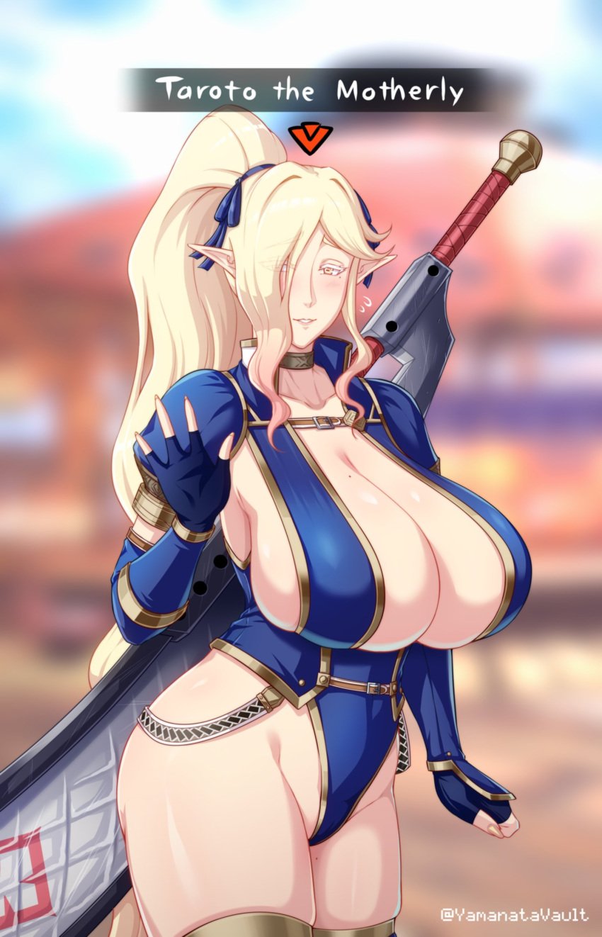 1girls blonde_hair eyebrows_visible_through_hair female female_focus female_only fingerless_gloves fingernails food fully_clothed gloves gold gold_eyes hair_over_one_eye kulve_taroth large_breasts long_hair milf monster_hunter monster_hunter_world one_eye_closed pointed_ears ponytail presenting salute short_dress smile very_long_hair weapon wide_hips yamanata