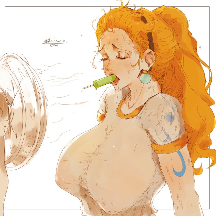 1girls big_breasts bon_drawr breasts cooling_off electric_fan female female_only food huge_breasts nami nami_(one_piece) nipples_visible_through_clothing no_sex one_piece ponytail popsicle solo sweat sweaty_shirt tattoo tied_hair wet_shirt