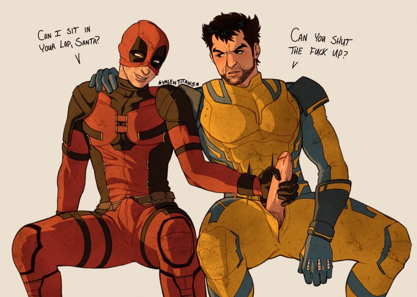 2boys bara beard big_cock big_dick big_penis bulge bulge_through_clothing burn_scars burned_skin cock deadpool deadpool_&_wolverine_(2024) deadpool_(film) dialogue dick gay grabbing_penis handjob hero james_howlett logan_(x-men) male male_only marvel marvel_comics mask masked_male penis ren_valentine text unzipped unzipped_pants wade_wilson wolverine_(x-men)