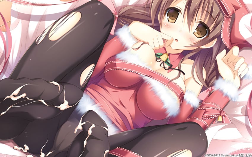 2012 after_sex artist_name blush brown_eyes brown_hair christmas cum cum_on_body cum_on_lower_body dated feet female footjob hair_ribbon haruhino_misaki highres hotchkiss long_hair mikage_shizuku nozomi_tsubame panties panties_under_pantyhose pantyhose pantyshot ribbon solo torn_pantyhose translation_request underwear wallpaper