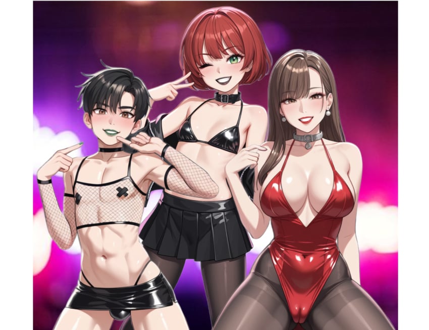 1boy 2girls adult_female ai_generated club crouching femboy friends posing smiling_at_viewer taking_picture young_female