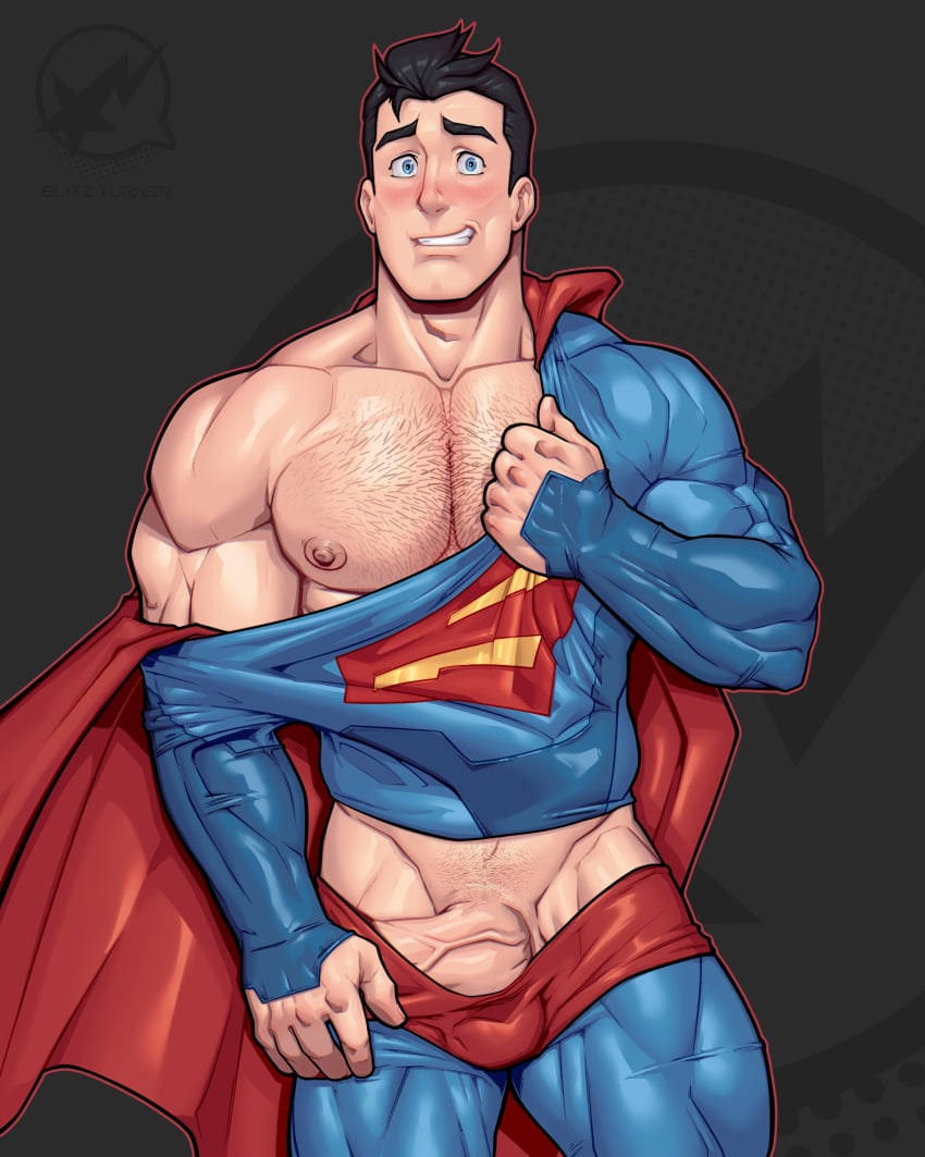 abs bara biceps big_bulge big_penis black_hair blitzturner blue_eyes blush bulge bulge_through_clothing clark_kent clark_kent_(my_adventures_with_superman) clothing dc dc_comics himbo male male_nipples male_only muscular_male my_adventures_with_superman nipples pecs penis superhero superman superman_(series) tight_clothing