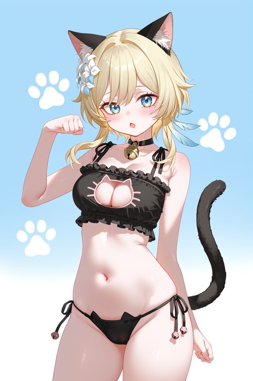 :o absurd_res ai_generated bra cat_ears cat_lingerie cat_tail catgirl genshin_impact lumine_(genshin_impact) ministro navel panties