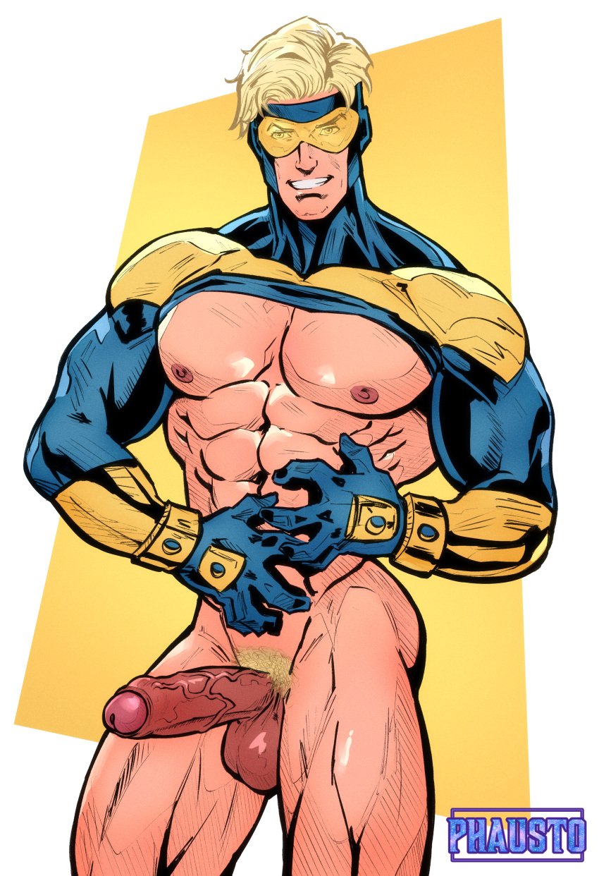 abs balls bara biceps big_balls big_penis blonde_hair booster_gold clothing dc dc_comics erection justice_league_international male male_nipples male_only male_pubic_hair manly michael_carter muscular_male nipples nude pecs penis phausto tight_clothing