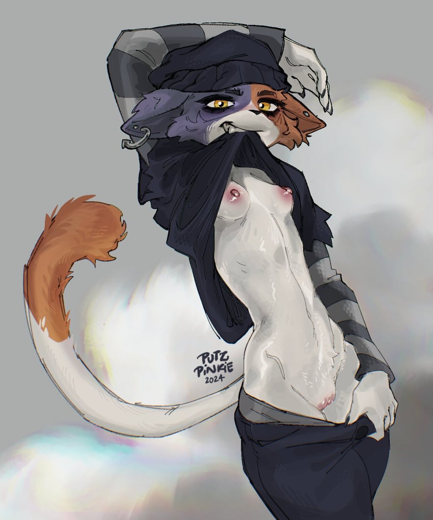 anthro beanie bottomwear bottomwear_down breasts calico_cat clothed clothing domestic_cat epic_games eyeliner felid feline felis female fish_hook fish_hook_piercing fortnite front_view genitals hat headgear headwear hi_res hook long_sleeves looking_at_viewer makeup mammal meow_skulls_(fortnite) pants pants_down partially_clothed piercing pussy putzpinkie_(artist) shirt_in_mouth skinny small_breasts solo standing tail undressing yellow_eyes