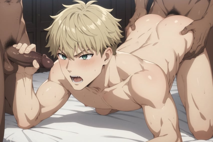 3boys ai_generated anal ass bangs bara bed blonde_hair blush completely_nude dark-skinned_male dark_skin doggy_style erection gay gay_sex gilxxgamesh green_eyes group_sex hand_on_another's_ass handjob interracial large_pectorals loid_forger male_focus male_only male_pubic_hair mmm_threesome multiple_boys muscular muscular_male nipples nude on_bed open_mouth pectorals penis pubic_hair sex sex_from_behind short_hair solo_focus spy_x_family teeth testicles threesome yaoi