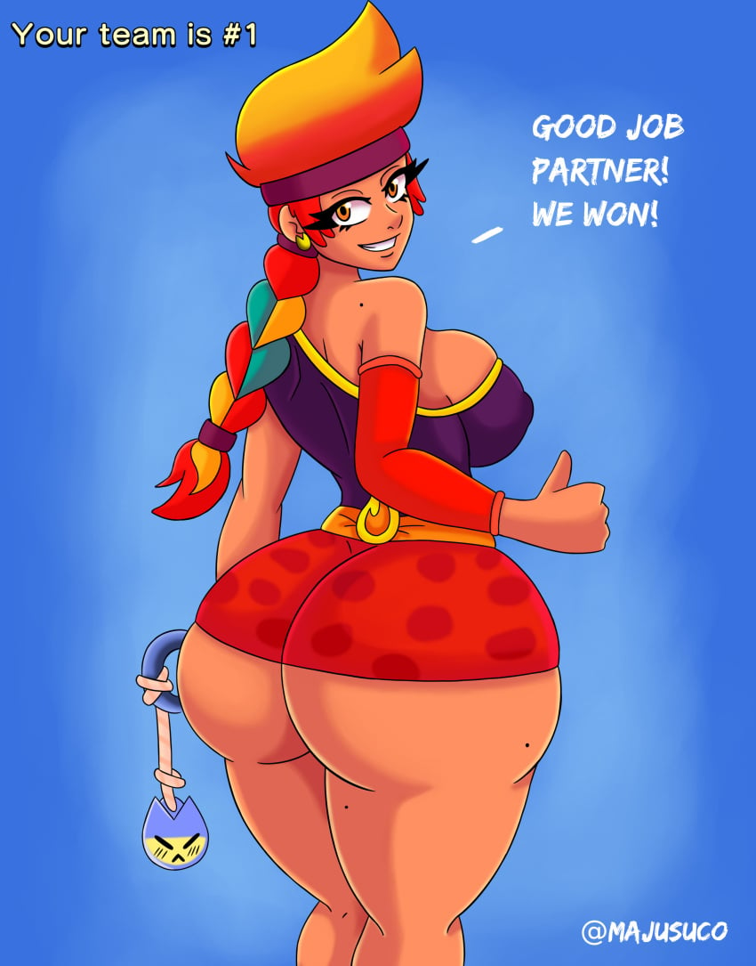 1girls amber_(brawl_stars) ass ass_focus big_ass big_breasts big_butt brawl_stars breasts bubble_ass bubble_butt dialogue majusuco mole skirt