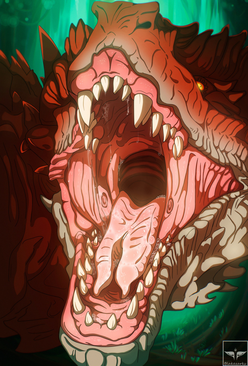 absurd_res blakezarks bodily_fluids capcom cel_shading dragon elder_dragon feral hi_res monster_hunter mouth_shot mythological_creature mythological_scalie mythology open_mouth pattern_background safi'jiiva saliva saliva_on_tongue scalie shaded simple_background solo teeth teeth_showing tongue vore