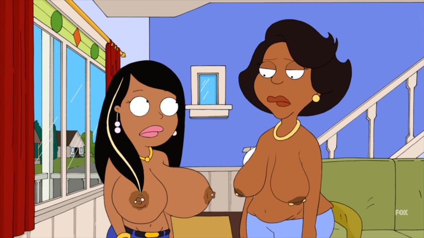 2girls accurate_art_style belt donna_tubbs earrings ebony edit female_only gold_necklace mother_and_daughter necklace nipple_piercing roberta_tubbs sagging_breasts tagme the_cleveland_show topless