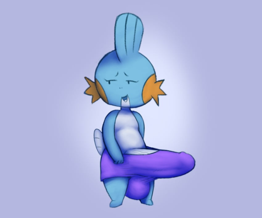 anthro balls big_penis black_eyes blue_body bottomwear clothing erection genitals jovi_cap male mudkip nintendo penis pokemon shorts solo